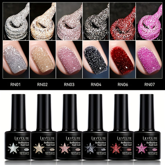 LILYCUTE 6pcsSET 7ml Reflective Gel Nail Polish Summer Super Sparkling Glitter Series Semi Permanent Manicure Nail Art Gel Varnish
