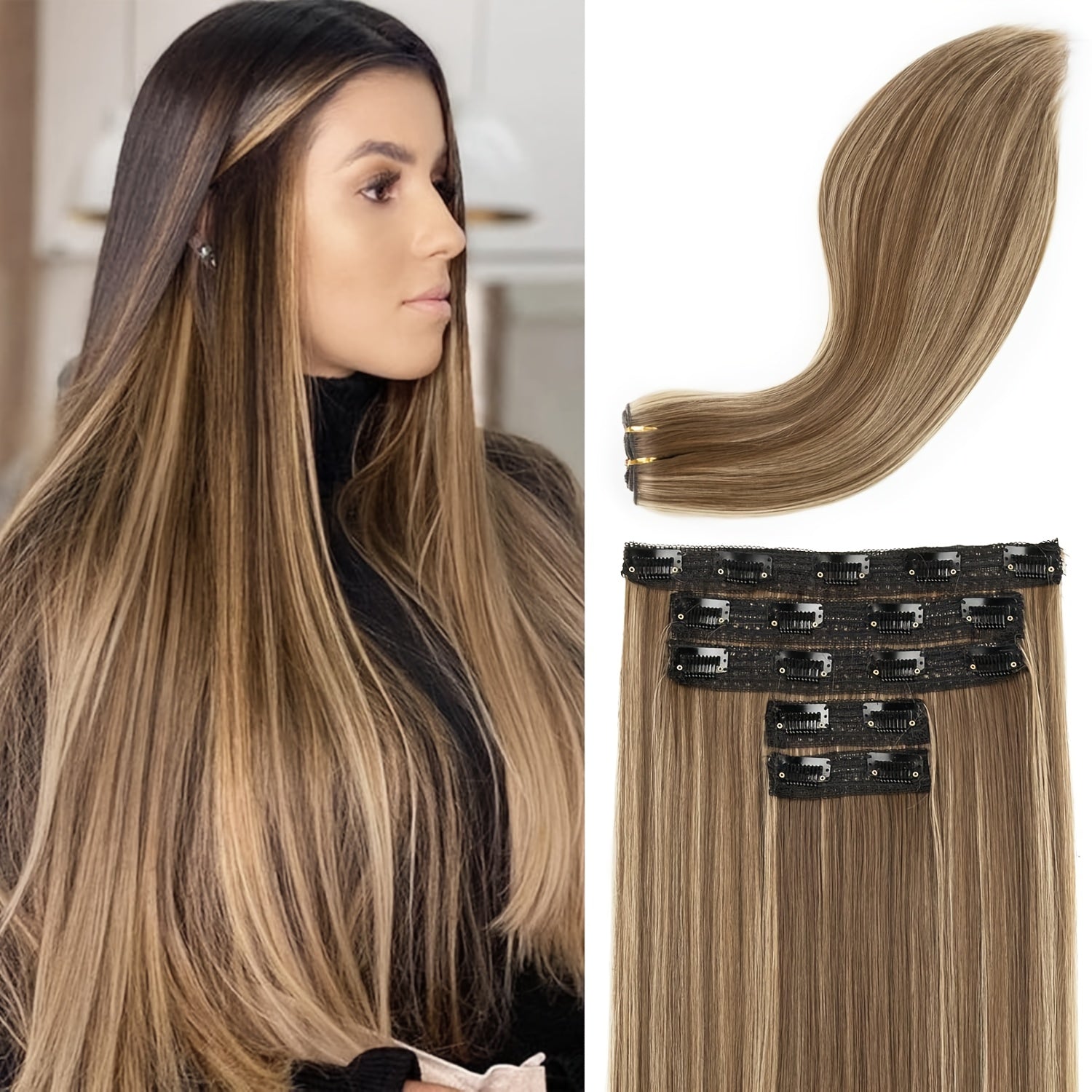 Clip in Hair Extensions Hair Extensions Thick Long Lace Weft Lightweight Synthetic Hairpieces for Women 6096 cm240 GramPack of 5 Chocolate Brown with Golden Blonde Highlights for Women Halloween Christmas Cosplay Daily Party Use