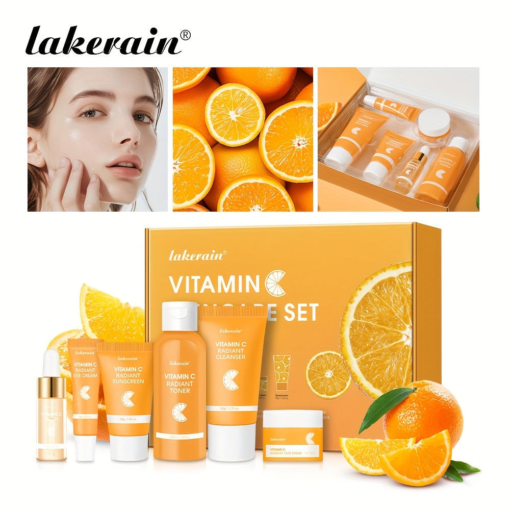 Lakerain Vitamin C 6 In 1 Skincare Set Moisturizing Alcohol Free with Cleanser Toner Serum Eye Cream Face Cream Sunscreen Gentle Care Deep Nourishment for All Skin Types Birthday ValentineS Day MotherS Day Gifts