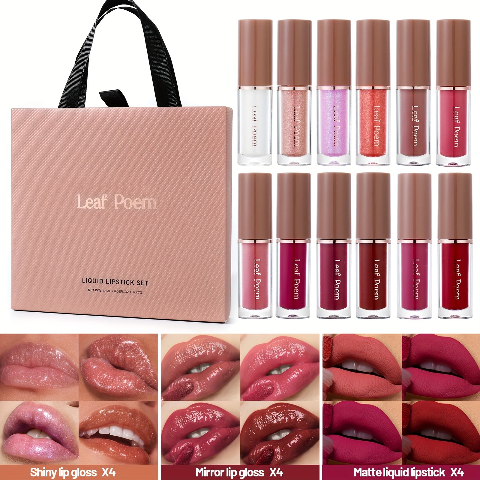 12pcs Lip Gloss Set with Three Effects Matte Satin and Glossy Lip Sticks Gift Selection