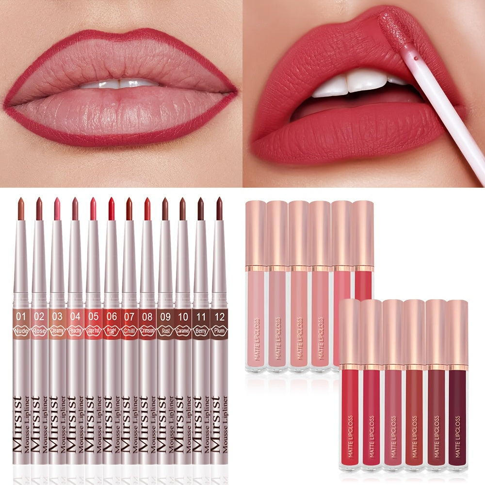 12 Lip Glosses And 12 Lip Liner Set Matte Velvet NonStick Lip Gloss Velvet Matte Lip Liner