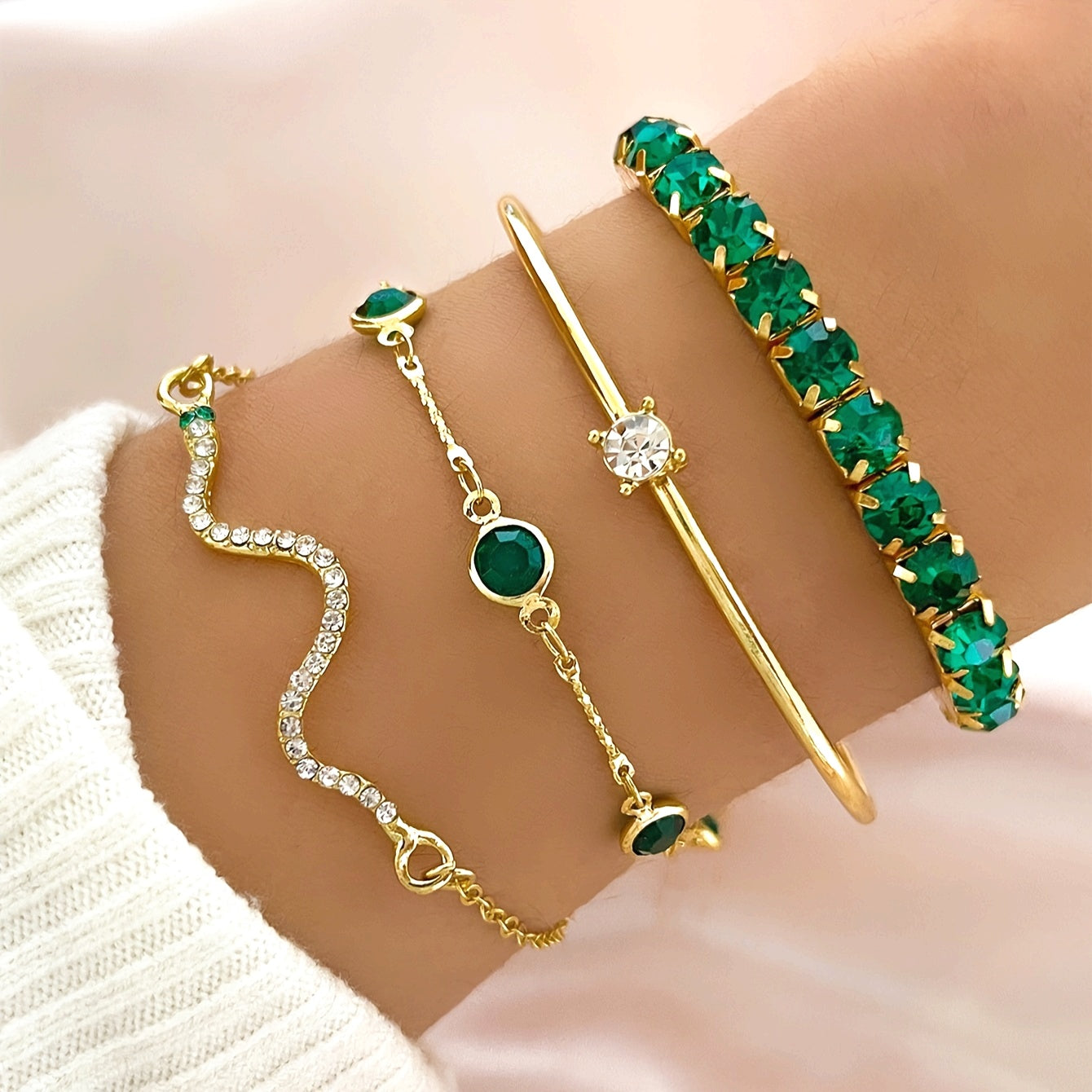 Elegant Green Gemstone Snake Claw Chain Bangle Set