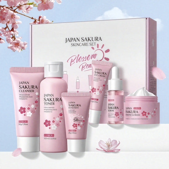 LAIKOU Sakura Skincare 6pcsSet with Serum Cleanser Toner Face Cream Eye Cream Day Night Moisturizer Sun Cream Contain Vitamin C  Niacinamide