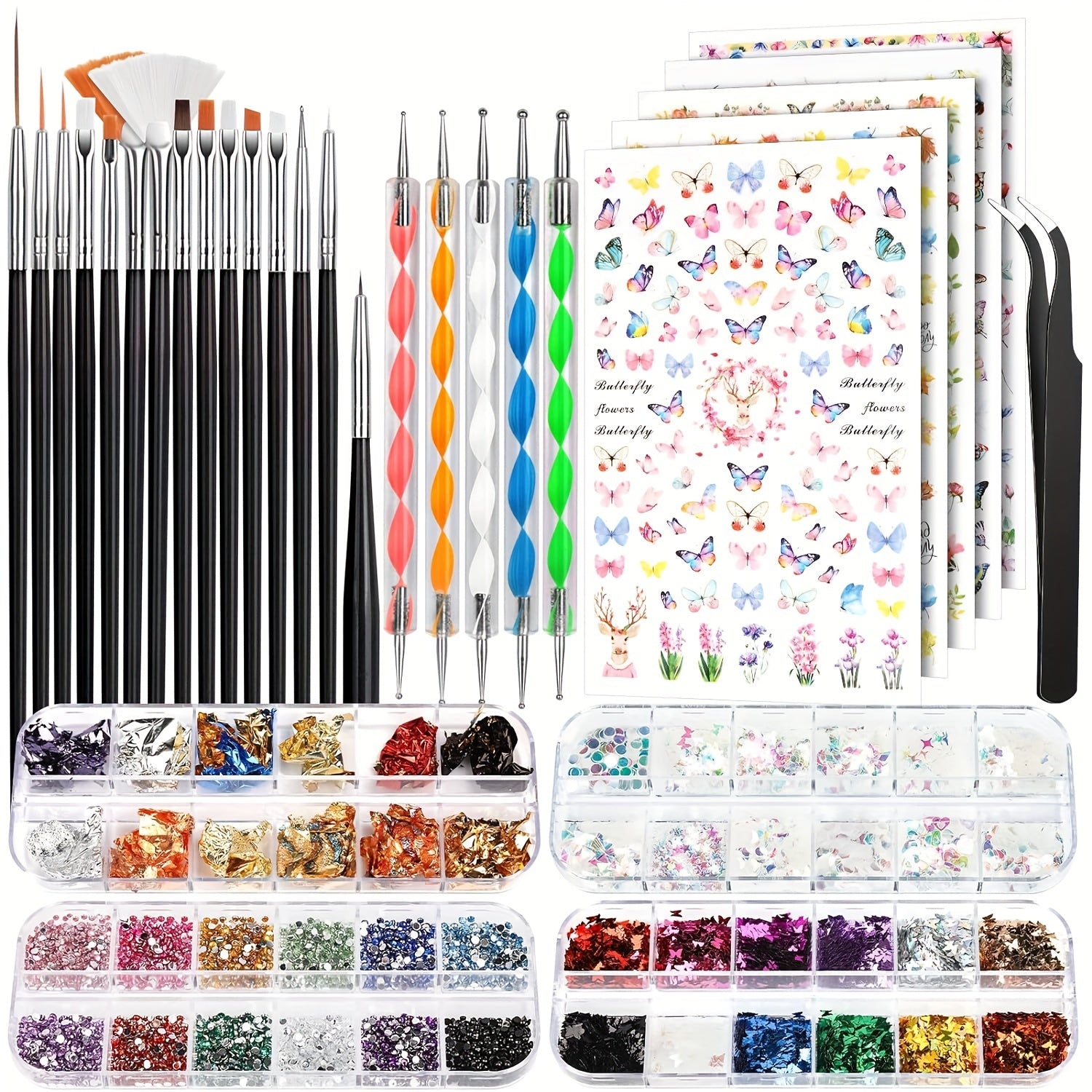 Nail Art Brushes Set Nail Art Kit Nail Design Kit Nail Art Dotting Pens Nail Stickers Butterfly Nail Art Sequins Nail Foils Nail Art Flakes Iridescent Rhinestones for Nails